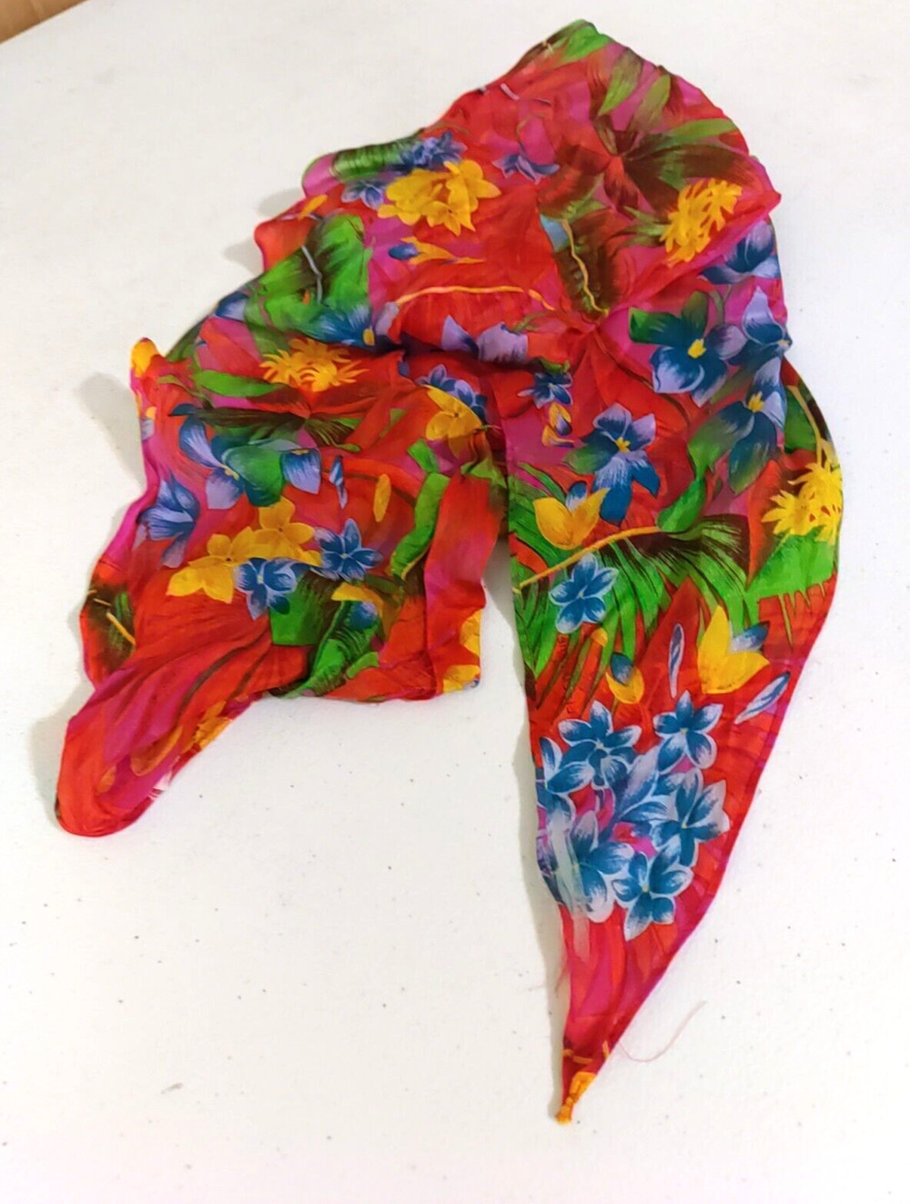 Scarf Rectangle Narrow Thin 66" X 6" Red Yellow Blue Hawaiian Floral